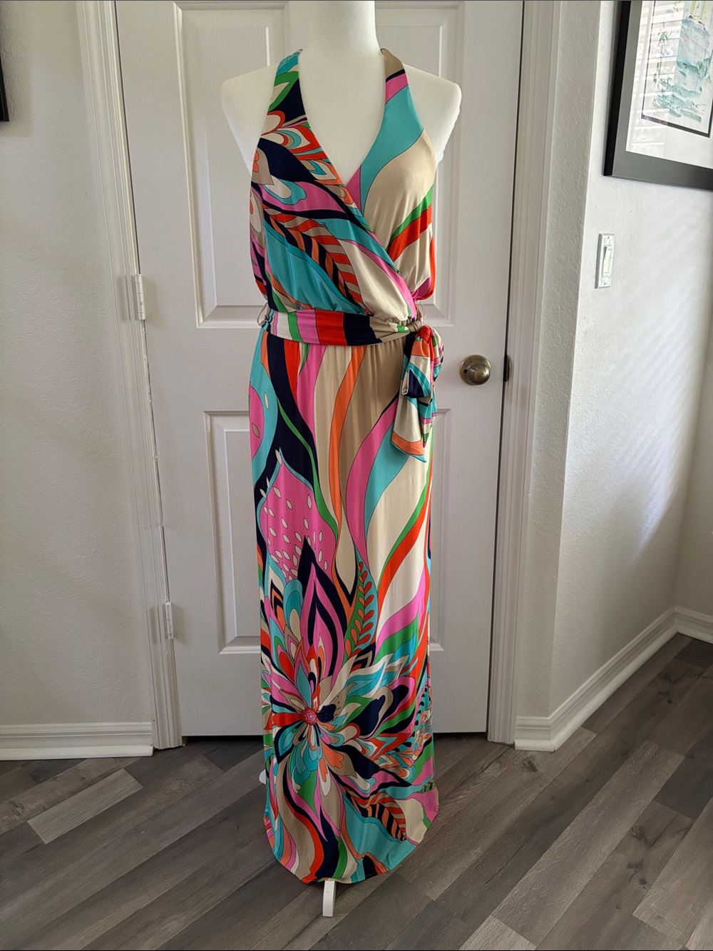 Trina Turk Multicolor Halter Maxi Dress with Turquoise, Pink & Navy
